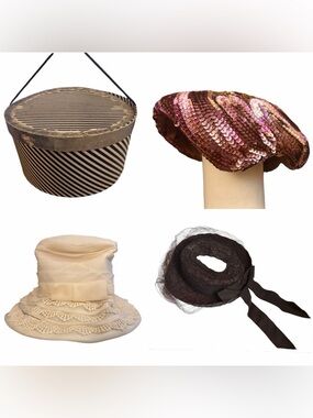 Vintage Striped Hat Box & 3 Vintage Hats